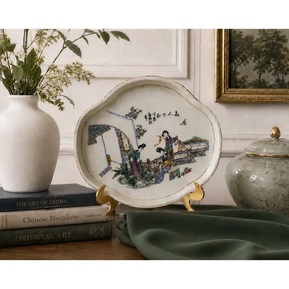 Vintage Chinese Famille Rose Porcelain Scalloped Tray Plate Gold Rim Decor